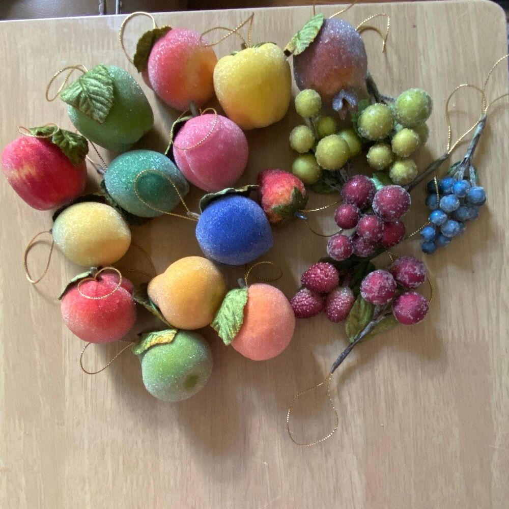 Huge set vintage sugared fruit ornaments plus box
